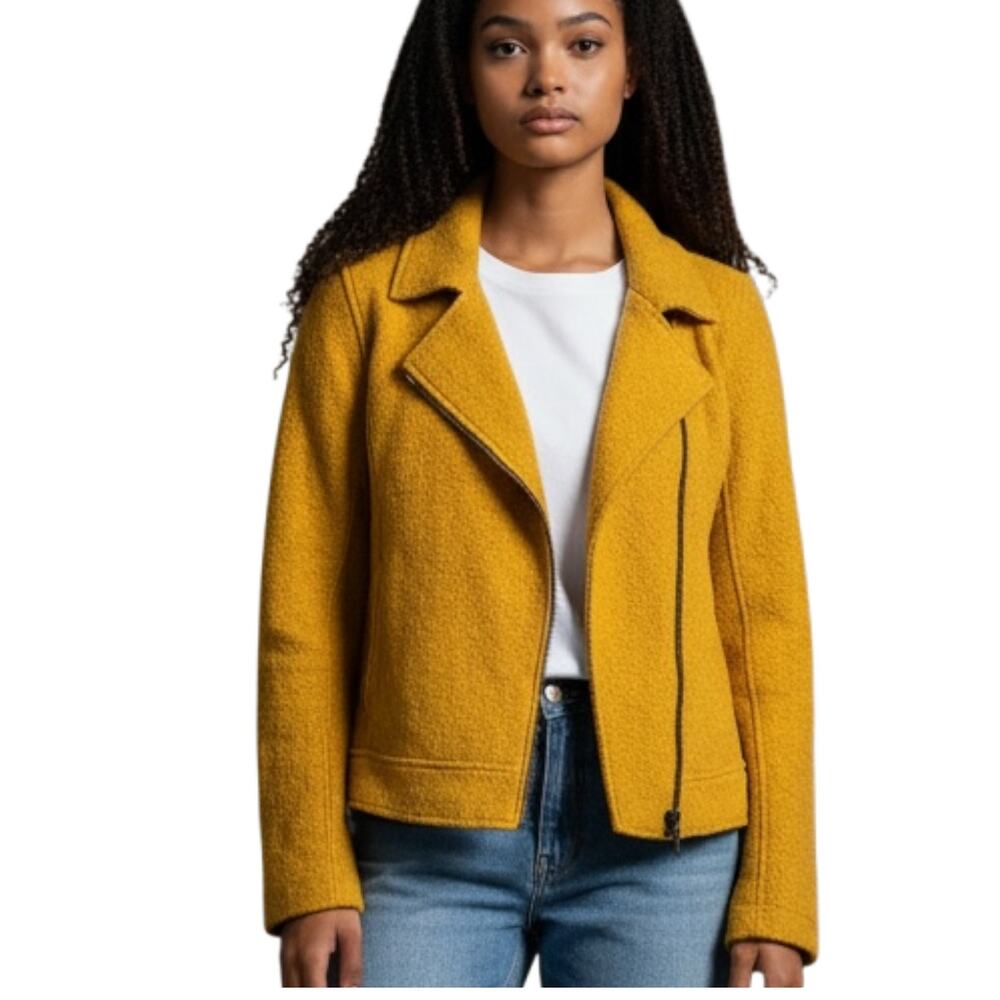 Tahari Wool Blend Boucle Asymmetrical Moto Zip Jacket-M-Saffron-NWOT